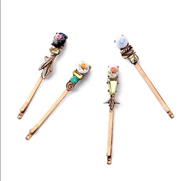 Retro Vintage Floral Crystal Hair Barrettes Set 4 - Picture 5 of 8